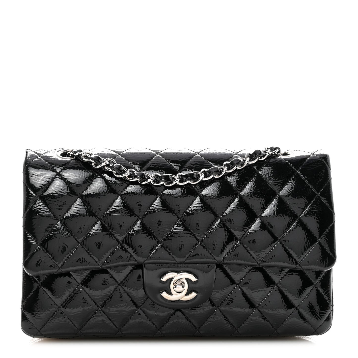 Distressed Patent Quilted Medium Double Flap Black