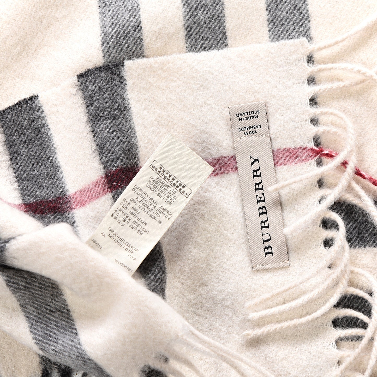 Cashmere Giant Check Fringe Scarf Ivory