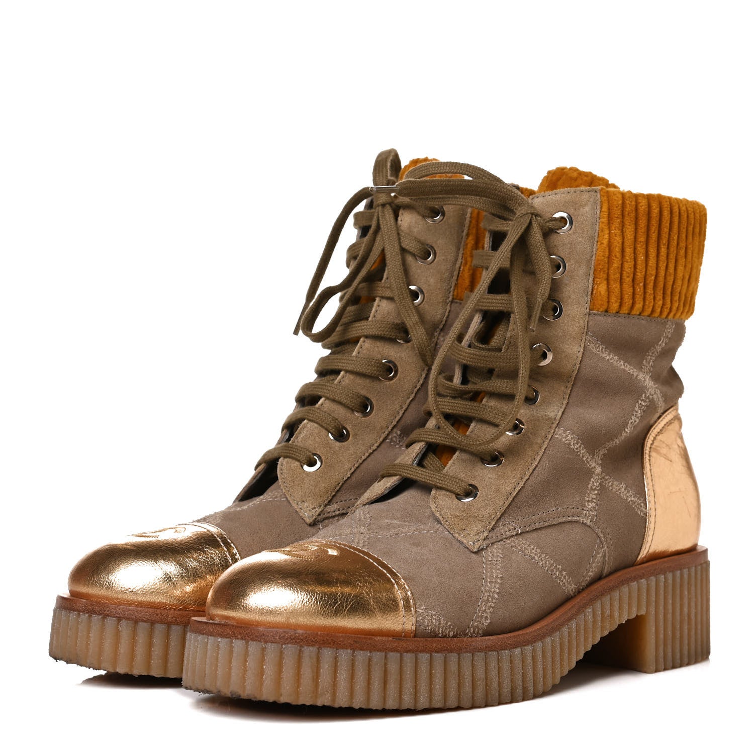 Chanel Suede Calfskin Velvet Quilted CC Combat Boots 37 Beige Yellow Gold 3 of 11