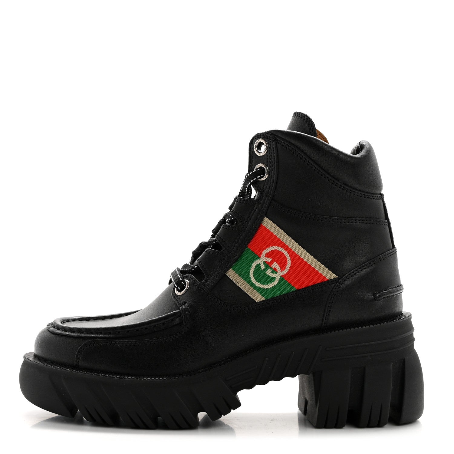 Gucci Quebec Calfskin Web Womens Interlocking G Lace Up Combat Boots 35 Black Mystic White Green Red 1 of 9
