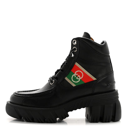 Gucci Quebec Calfskin Web Womens Interlocking G Lace Up Combat Boots 35 Black Mystic White Green Red 1 of 9