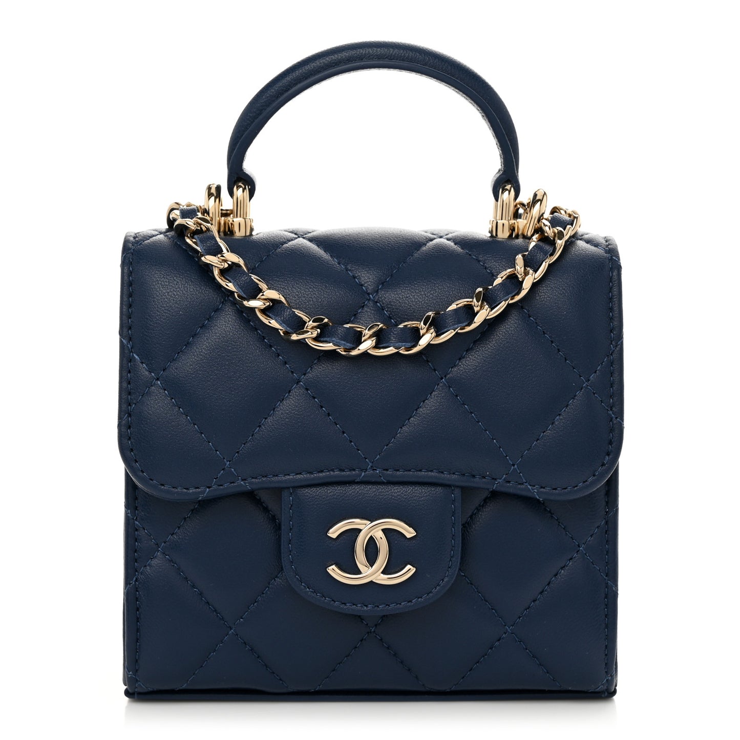 Lambskin Quilted Top Handle Clutch With Chain Blue