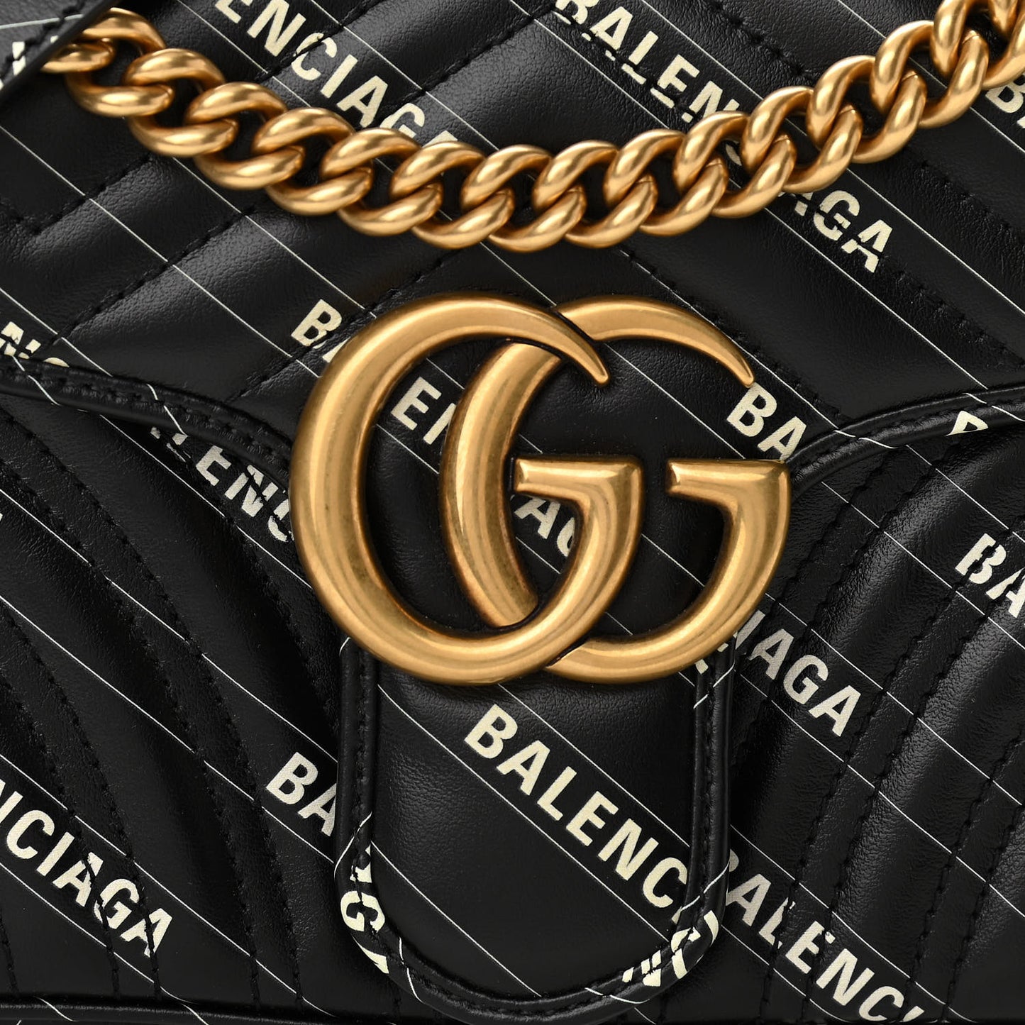 X BALENCIAGA Calfskin Matelasse Logo Print Small GG Marmont Shoulder Bag Black