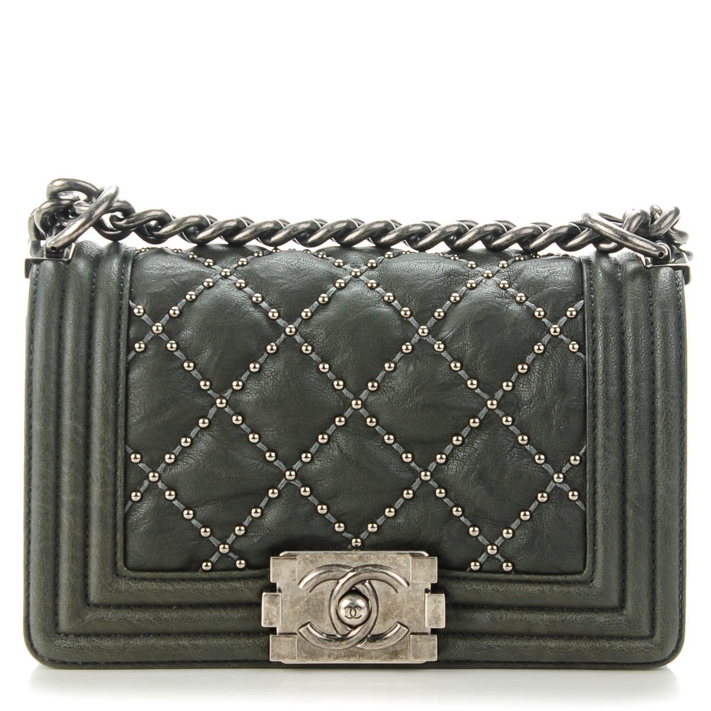 Crumpled Lambskin Small Studded Boy Flap Dark Gray