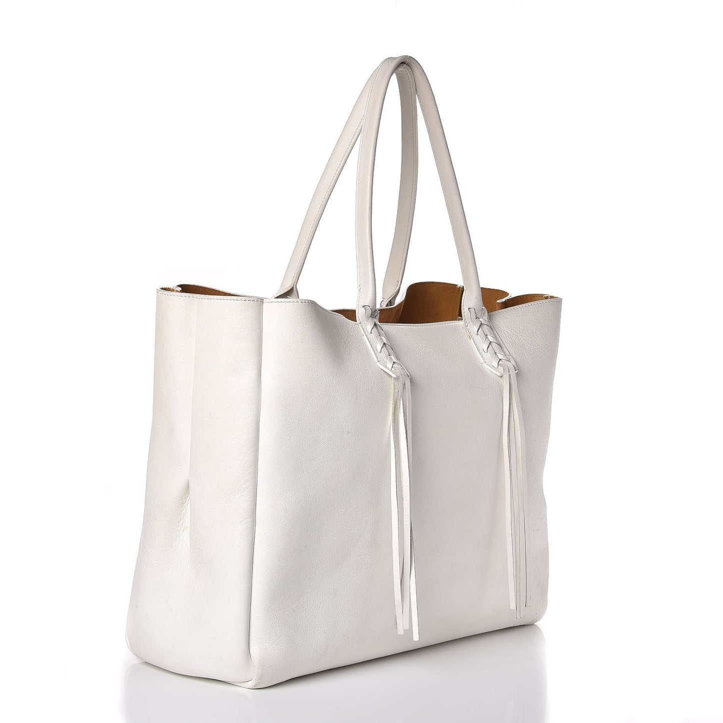 Smooth Calfskin Medium Fringe Shopper Tote White