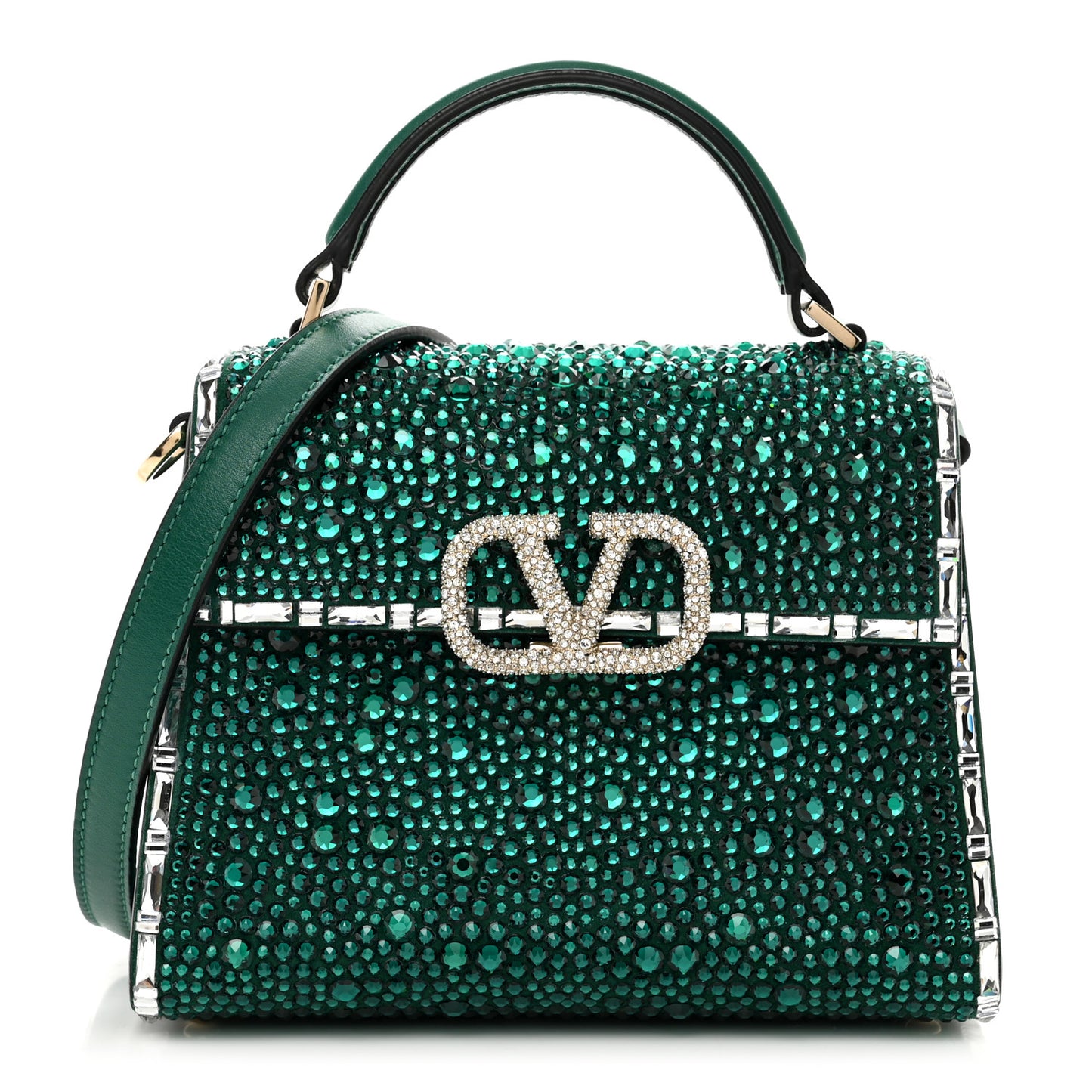 Crystal Embroidered Mini Vsling Top Handle Bag Emerald Jungle