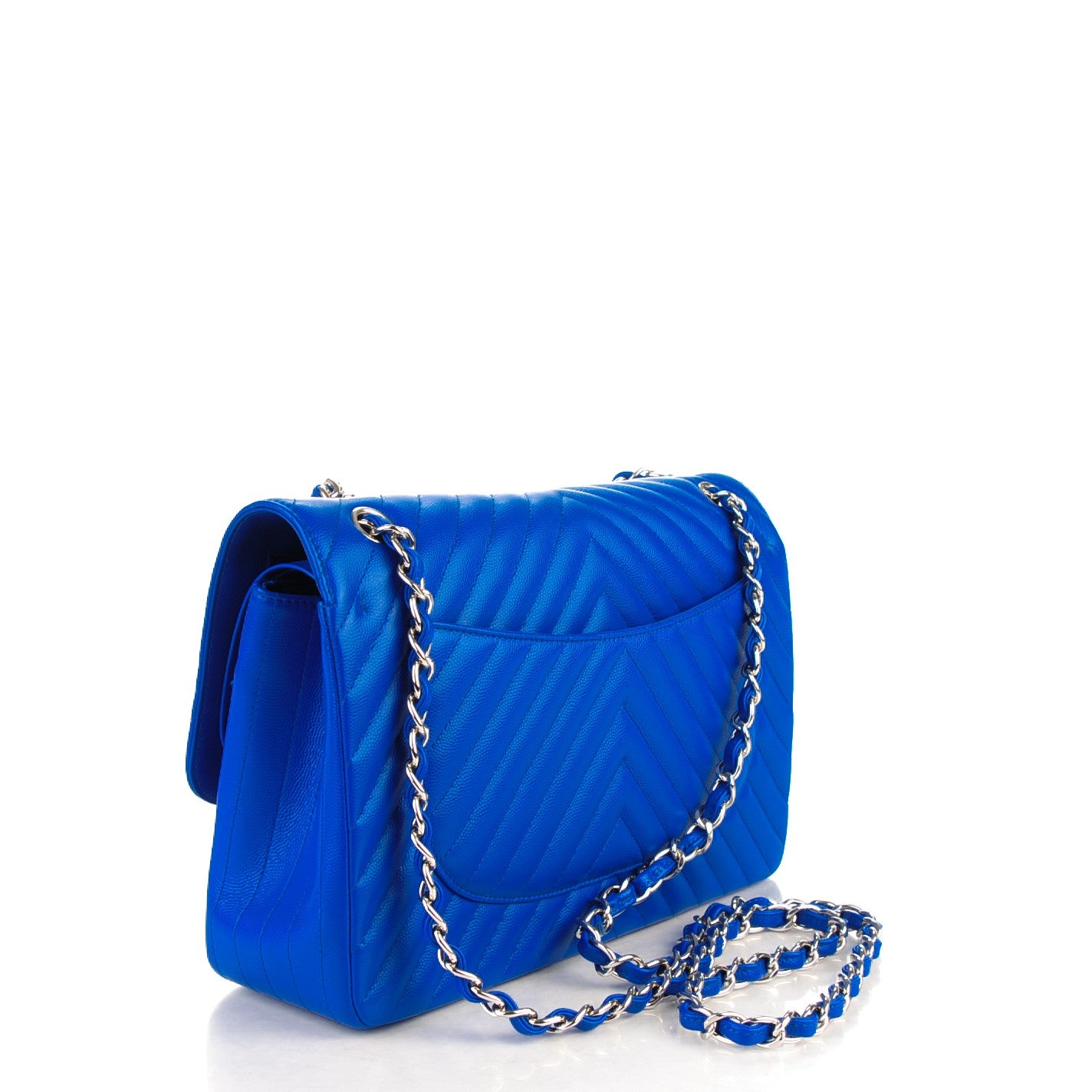 Caviar Chevron Quilted Jumbo Double Flap Bright Blue