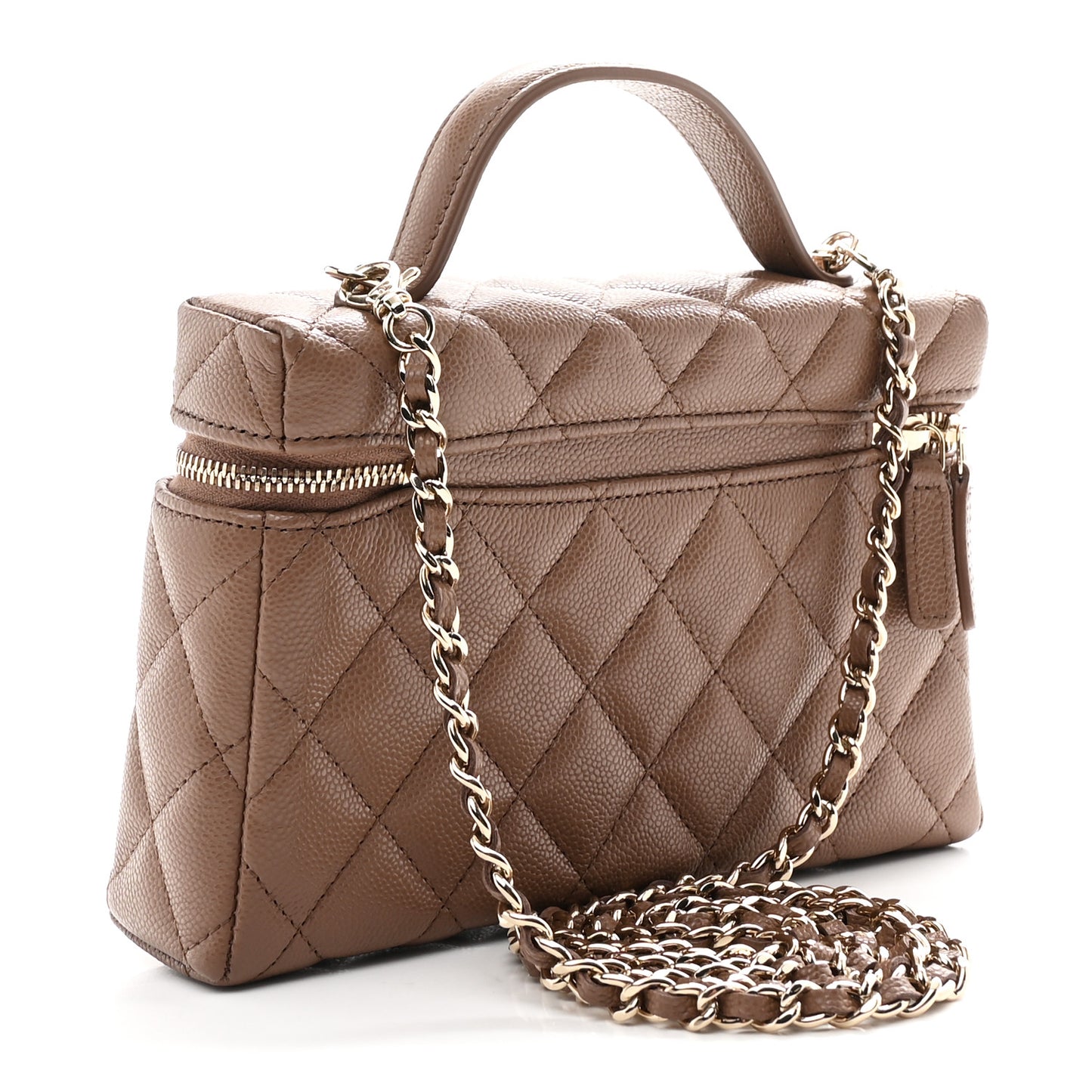 Caviar Quilted Top Handle Slim Vanity With Chain Dark Beige