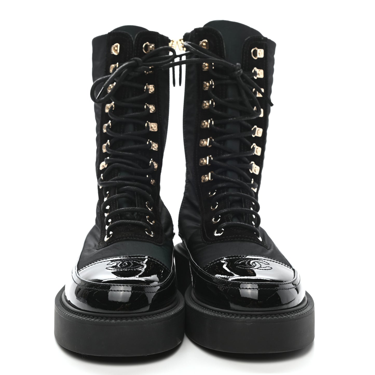 Nylon Suede Patent Calfskin Womens CC Lace Up Boots 40 Dark Green Black
