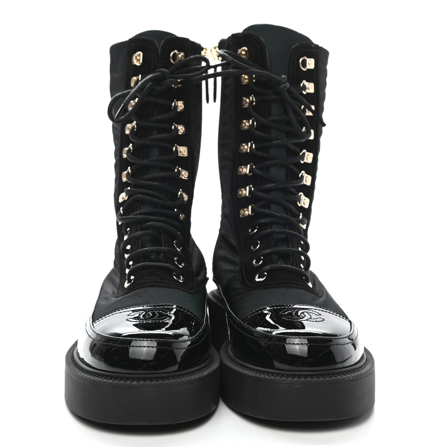 Chanel Nylon Suede Patent Calfskin Womens CC Lace Up Boots 40 Dark Green Black 2 of 9