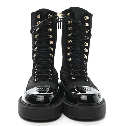 Chanel Nylon Suede Patent Calfskin Womens CC Lace Up Boots 40 Dark Green Black 2 of 9