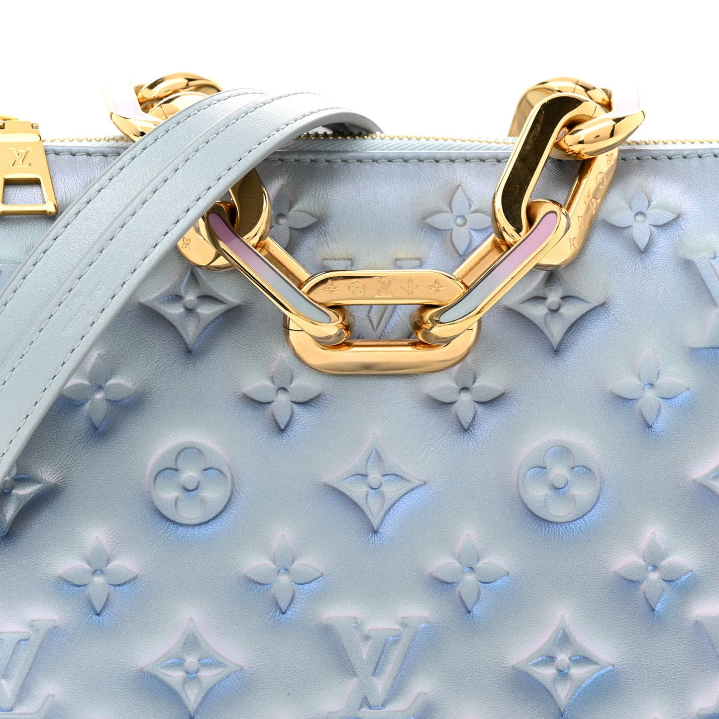 Metallic Lambskin Embossed Monogram Coussin BB Blue