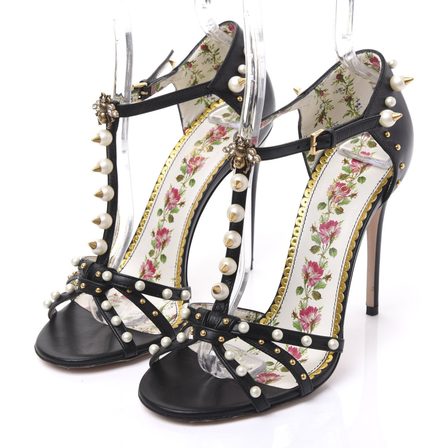 Calfskin Pearl Studded Regina T-Strap High Heel Sandals 37 Black