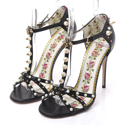Gucci Calfskin Pearl Studded Regina T-Strap High Heel Sandals 37 Black 3 of 7