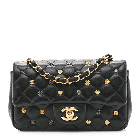 Lambskin Quilted Studded Mini Rectangular Flap Black
