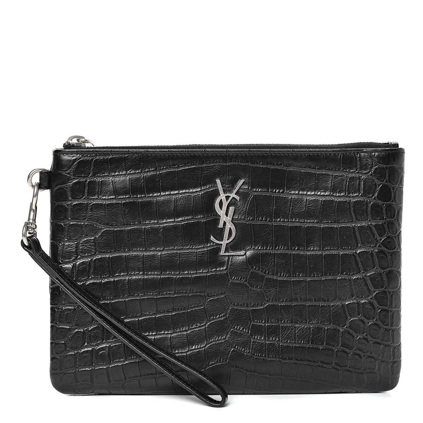 Calfskin Crocodile Embossed Monogram Zip Pouch Black
