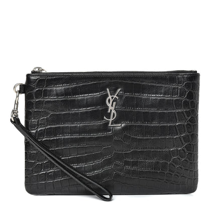 Saint Laurent Calfskin Crocodile Embossed Monogram Zip Pouch Black 1 of 7