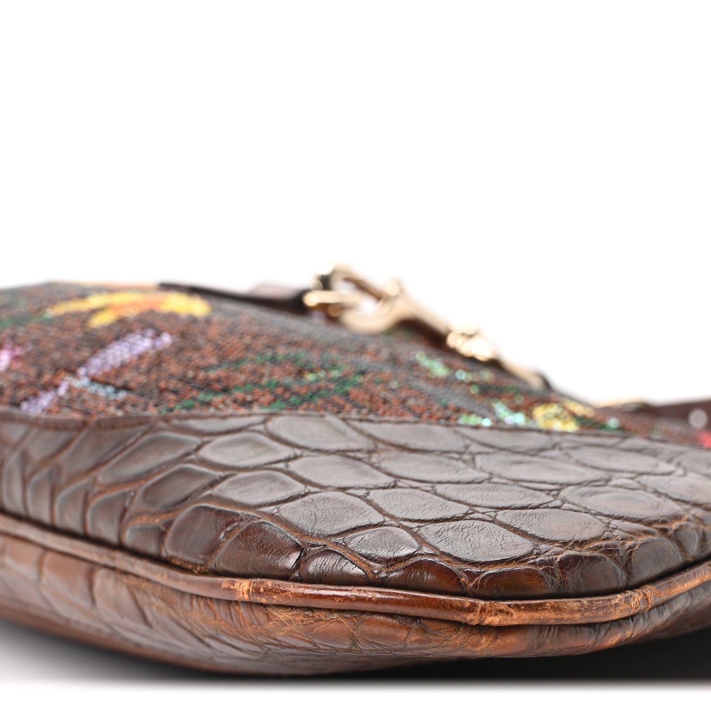 Crocodile Suede Beaded Floral Jackie Hobo Bag Brown