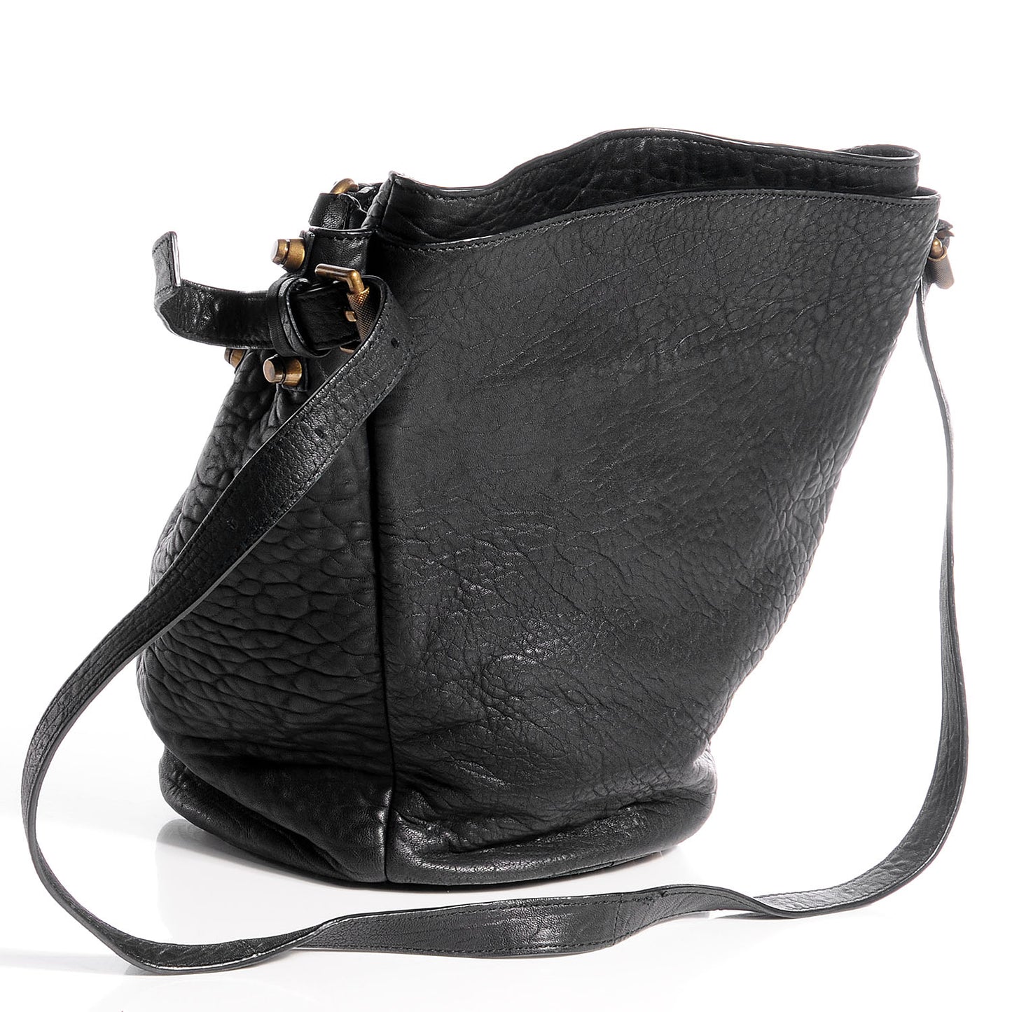 Leather Diego Bucket Bag w Antique Brass Hardware Black