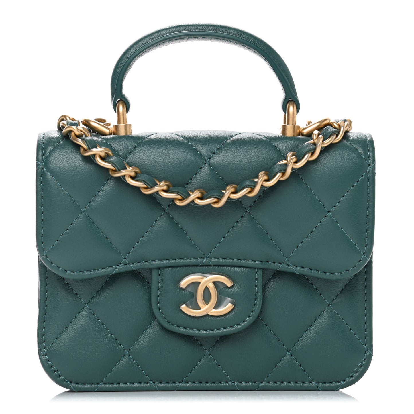 Lambskin Quilted Top Handle Flap Coin Purse With Chain Green