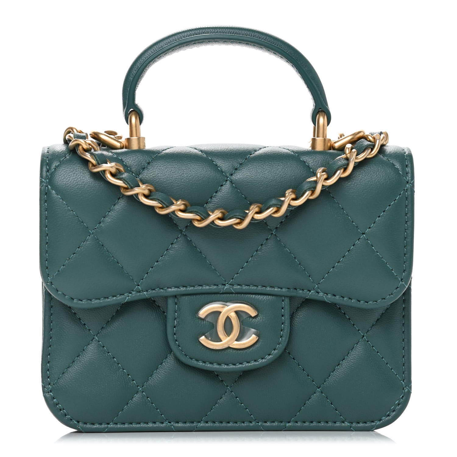 Chanel Lambskin Quilted Top Handle Flap Coin Purse With Chain Green 1 of 4