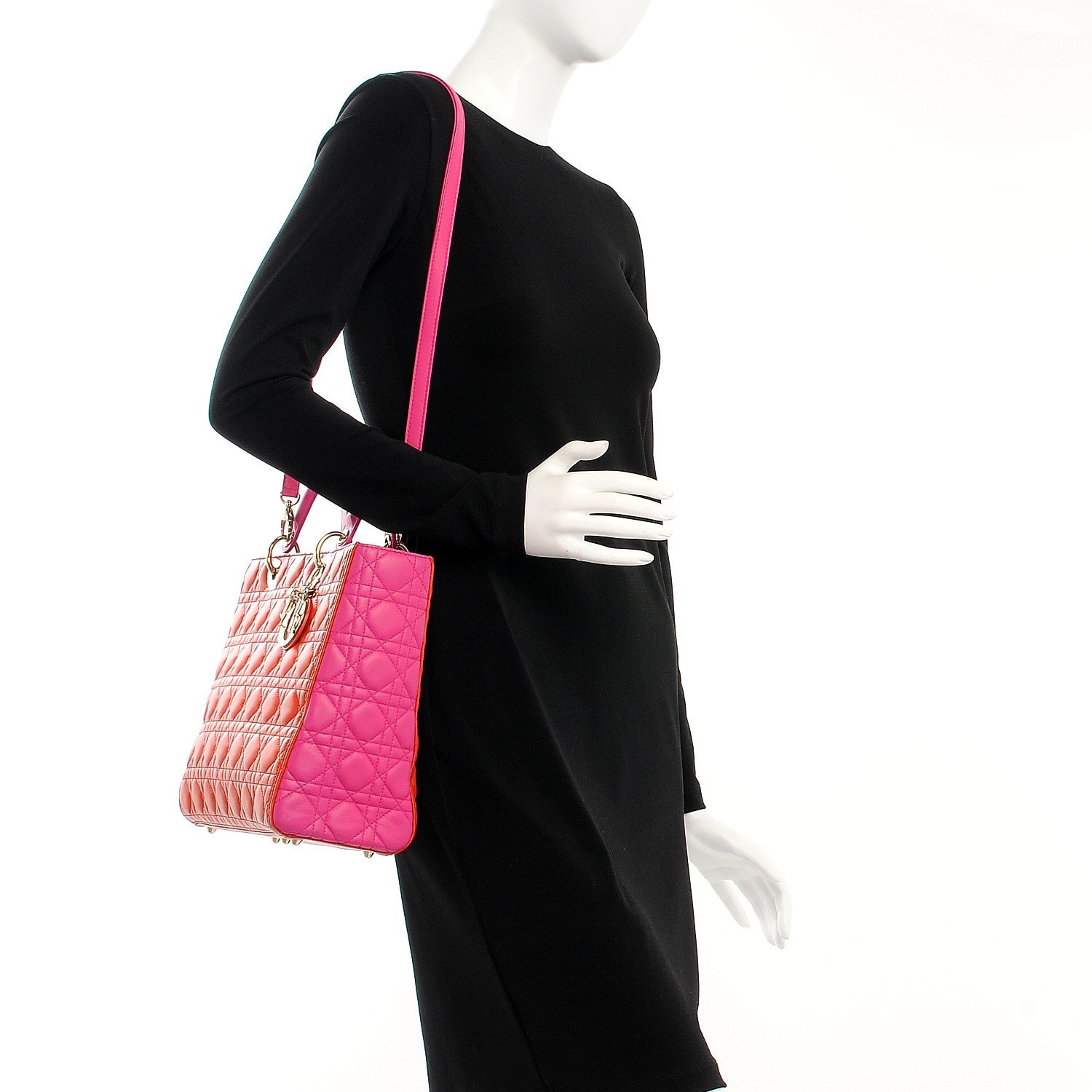 Christian Dior Lambskin Cannage Large Bi-Color Lady Dior Orange Fuchsia 2 of 17