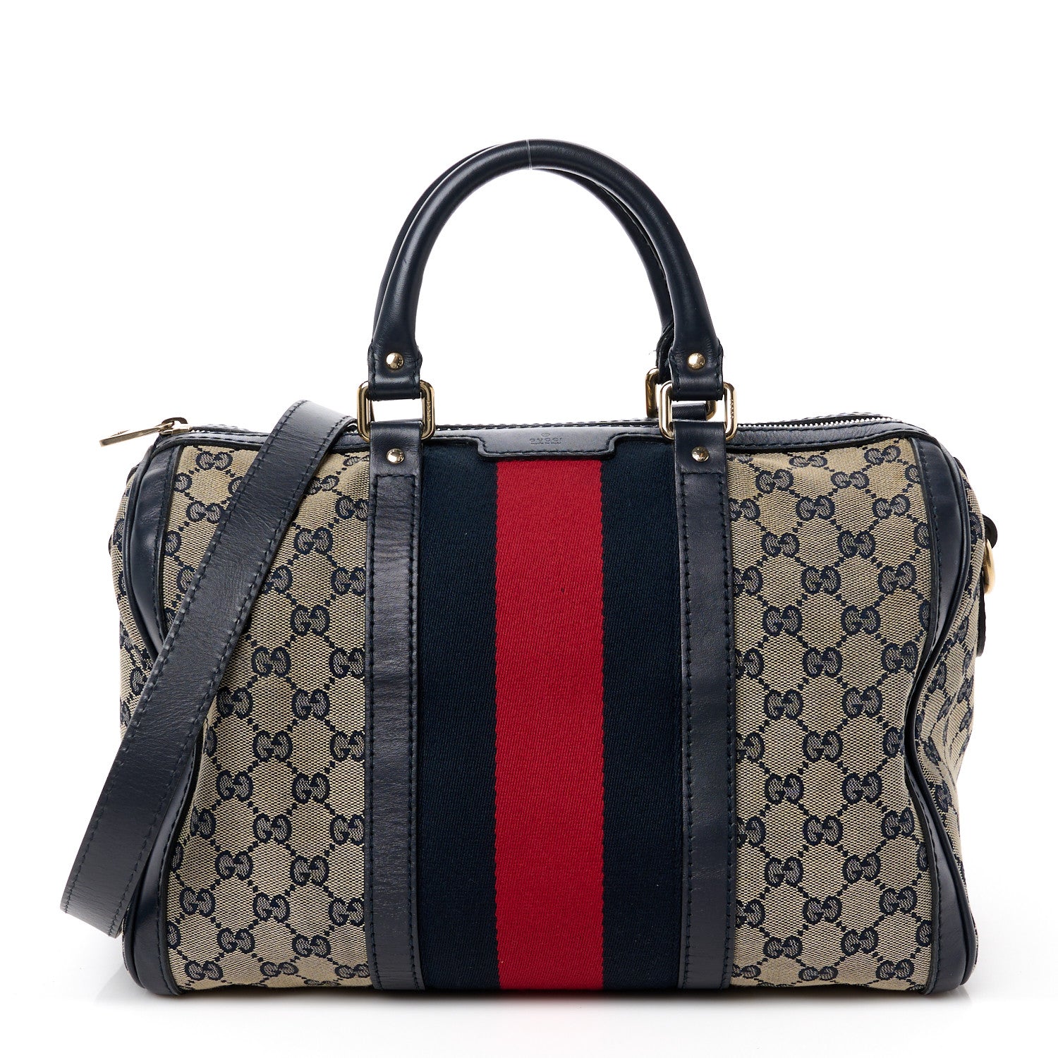 Gucci Monogram Selleria Calfskin Vintage Web Medium Boston Beige Blue 1 of 21