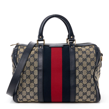 Gucci Monogram Selleria Calfskin Vintage Web Medium Boston Beige Blue 1 of 21