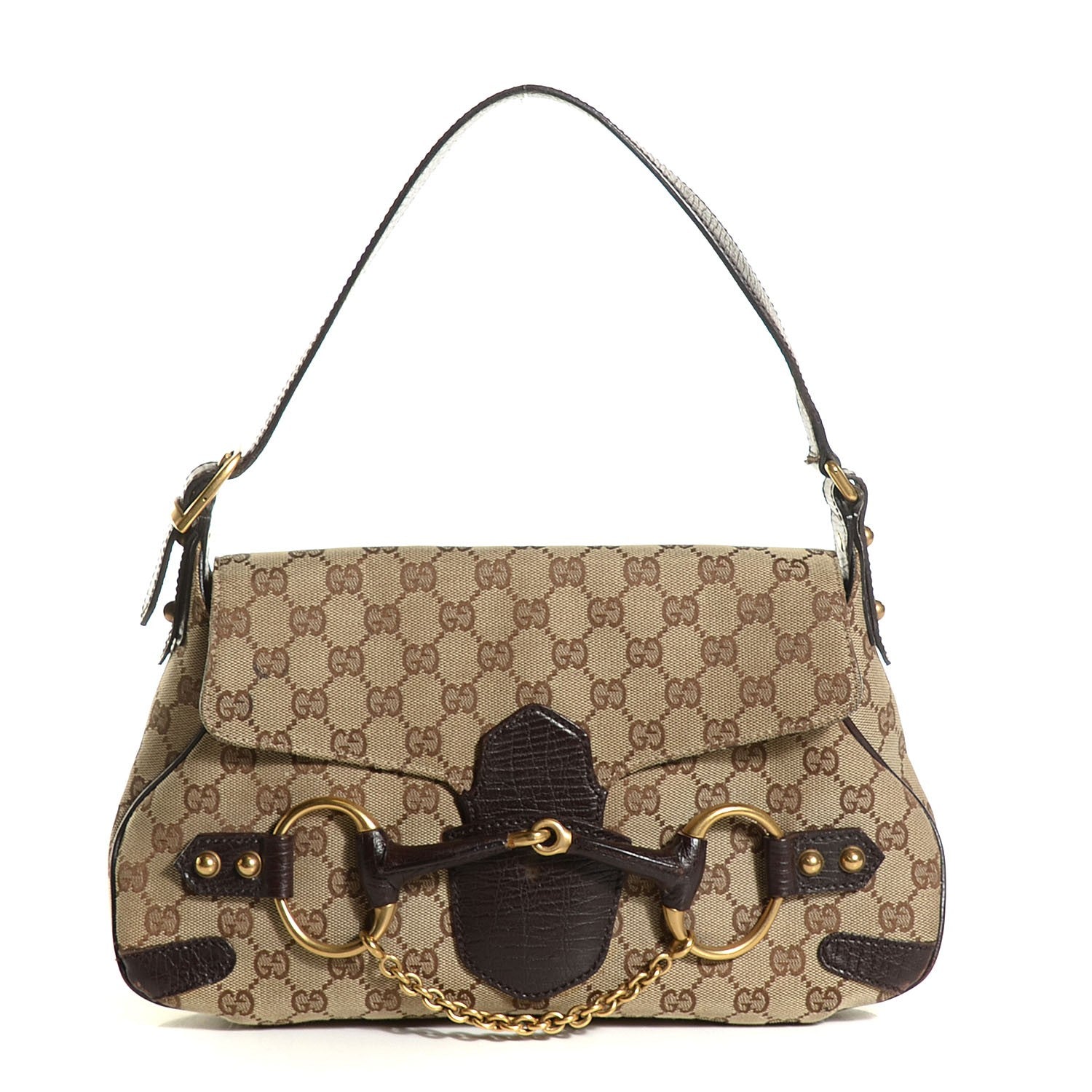 Gucci Monogram Horsebit Chain Flap Shoulder Bag Brown 1 of 6