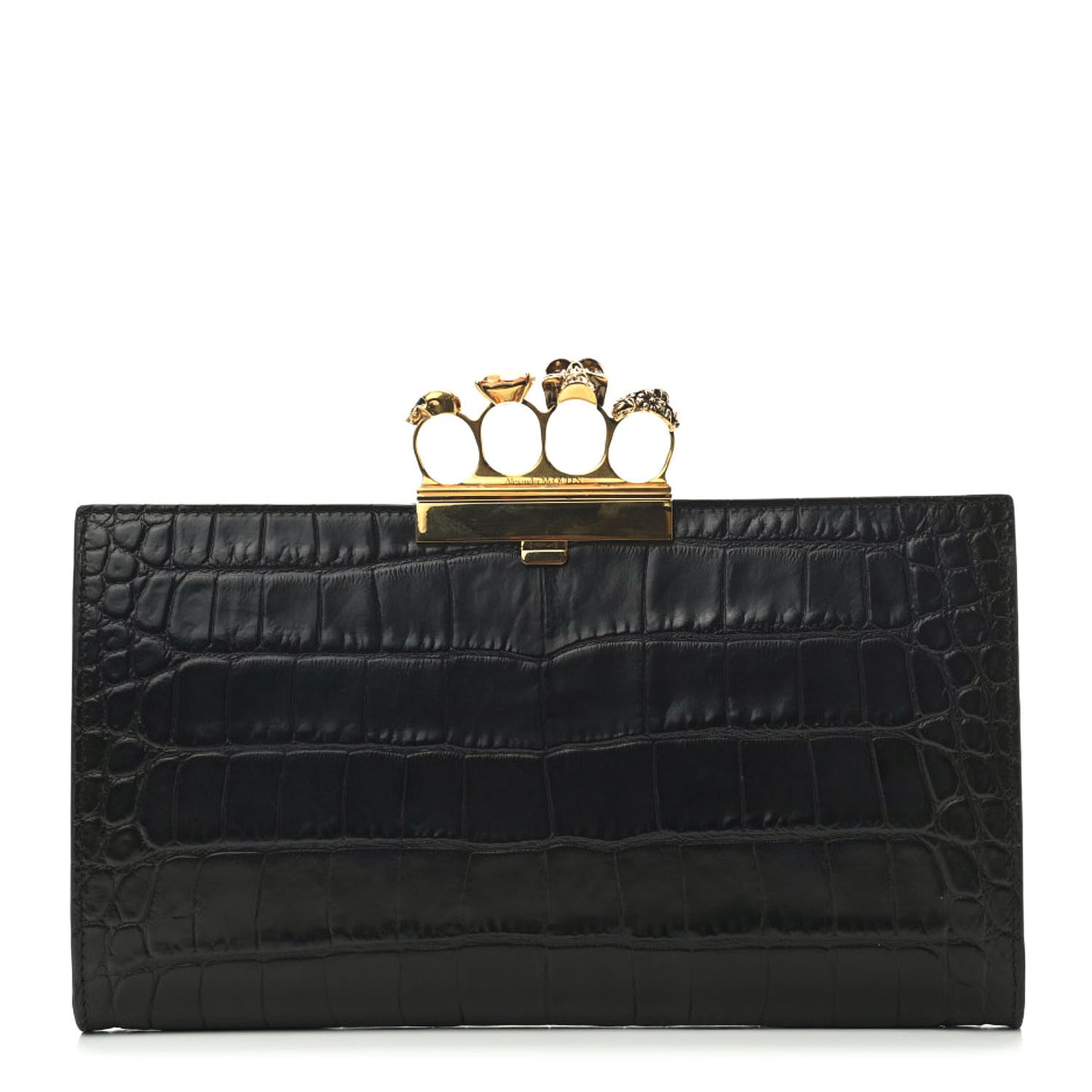 Calfskin Crocodile Embossed Knuckle Flat Clutch Black