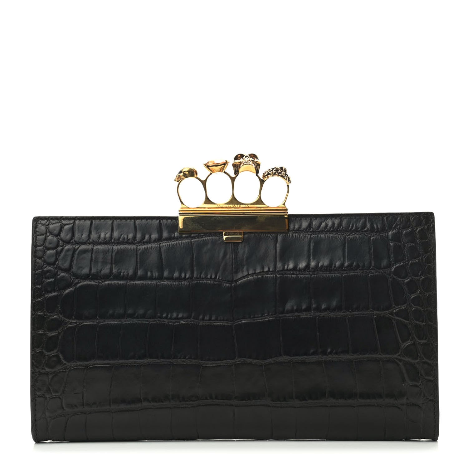 Alexander McQueen Calfskin Crocodile Embossed Knuckle Flat Clutch Black 1 of 9