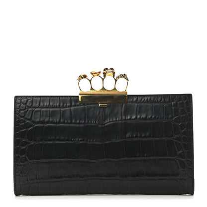 Alexander McQueen Calfskin Crocodile Embossed Knuckle Flat Clutch Black 1 of 9