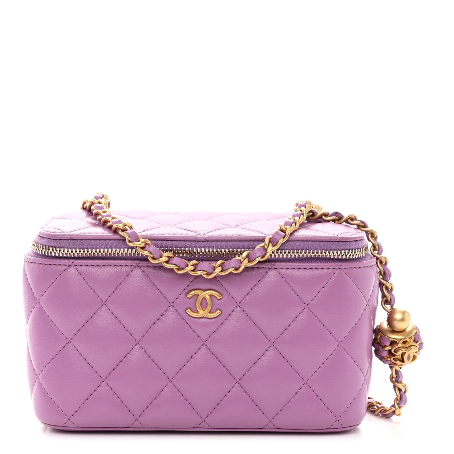 Lambskin Quilted Pearl Crush Small Vanity Case With Chain Purple