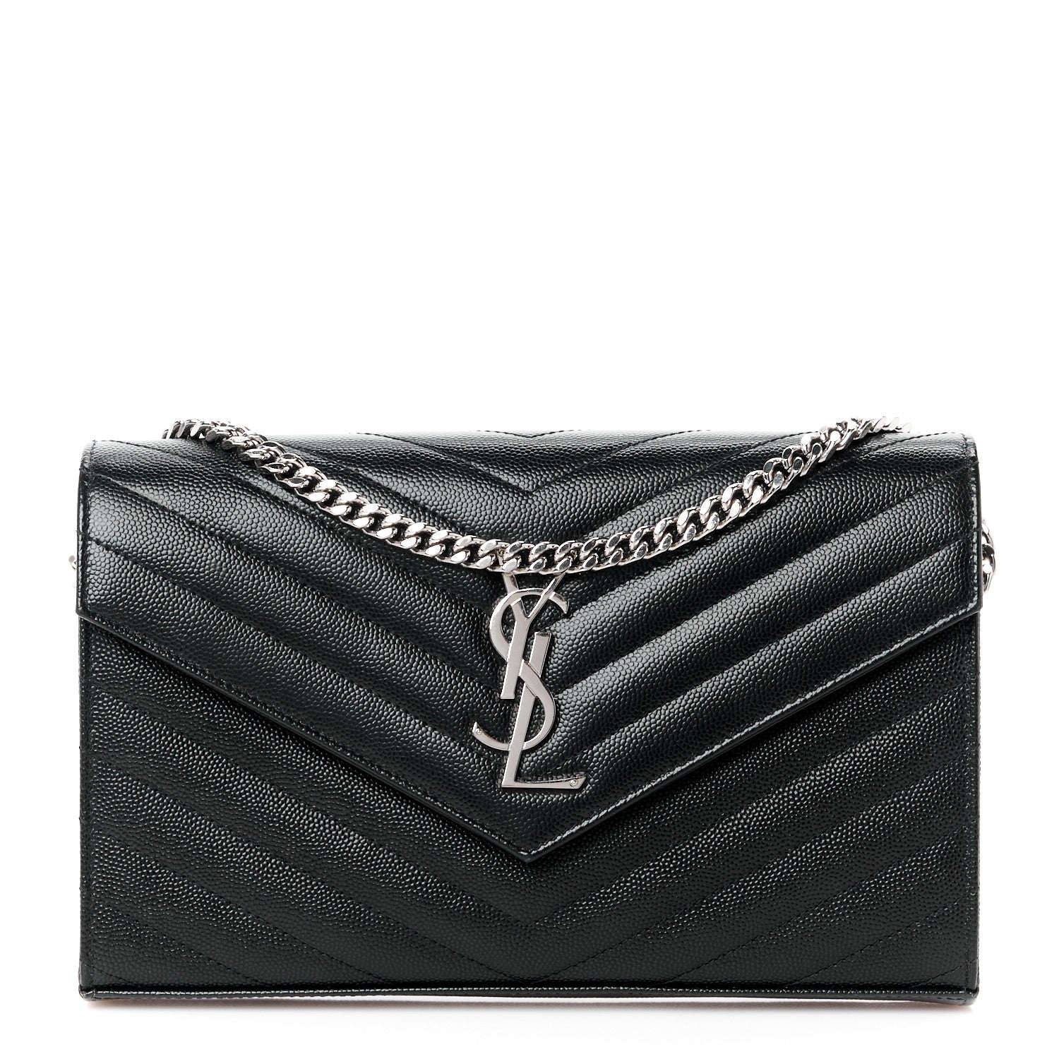 Saint Laurent Grain De Poudre Matelasse Chevron Monogram Chain Wallet Black 1 of 11