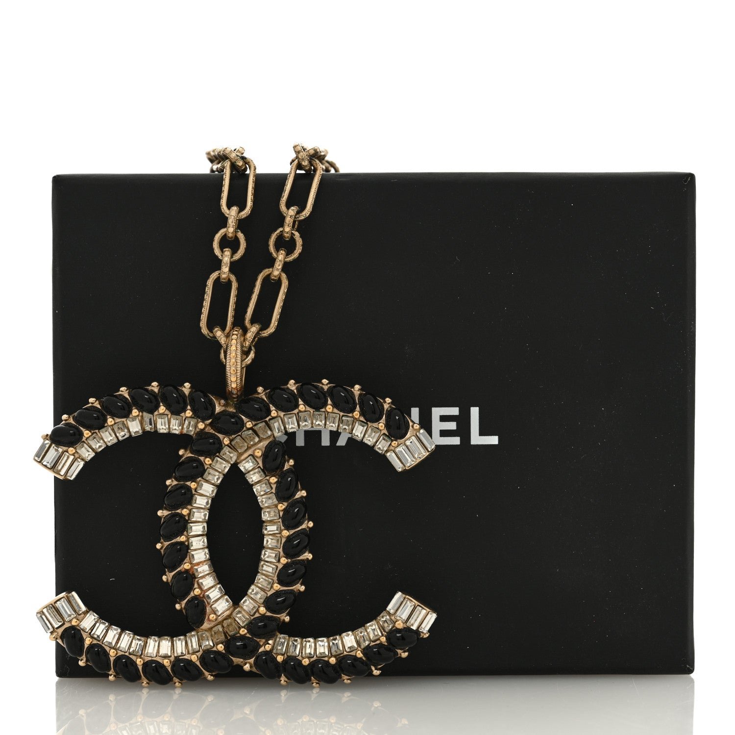 Chanel Crystal Resin Chain CC Pendant Necklace Black Gold 5 of 5