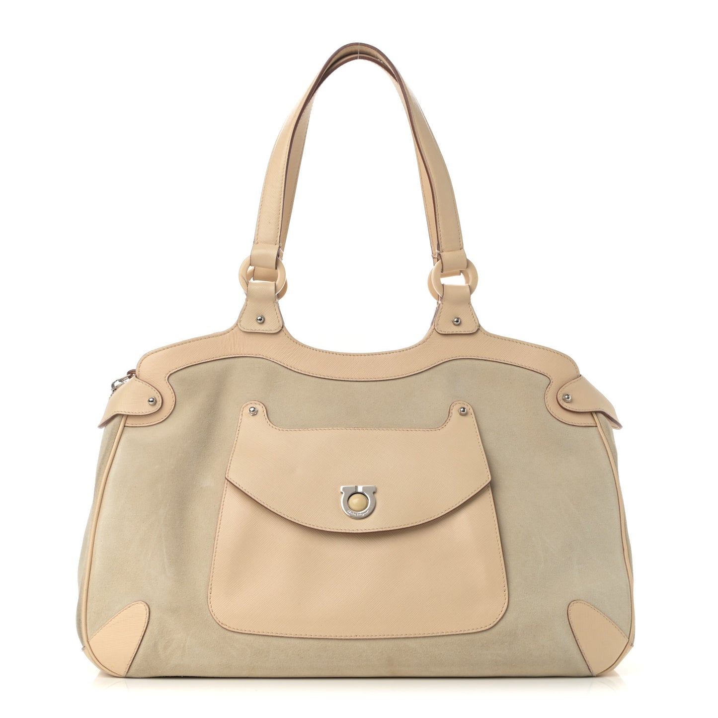 Suede Hammered Calfskin Gancini Satchel Beige