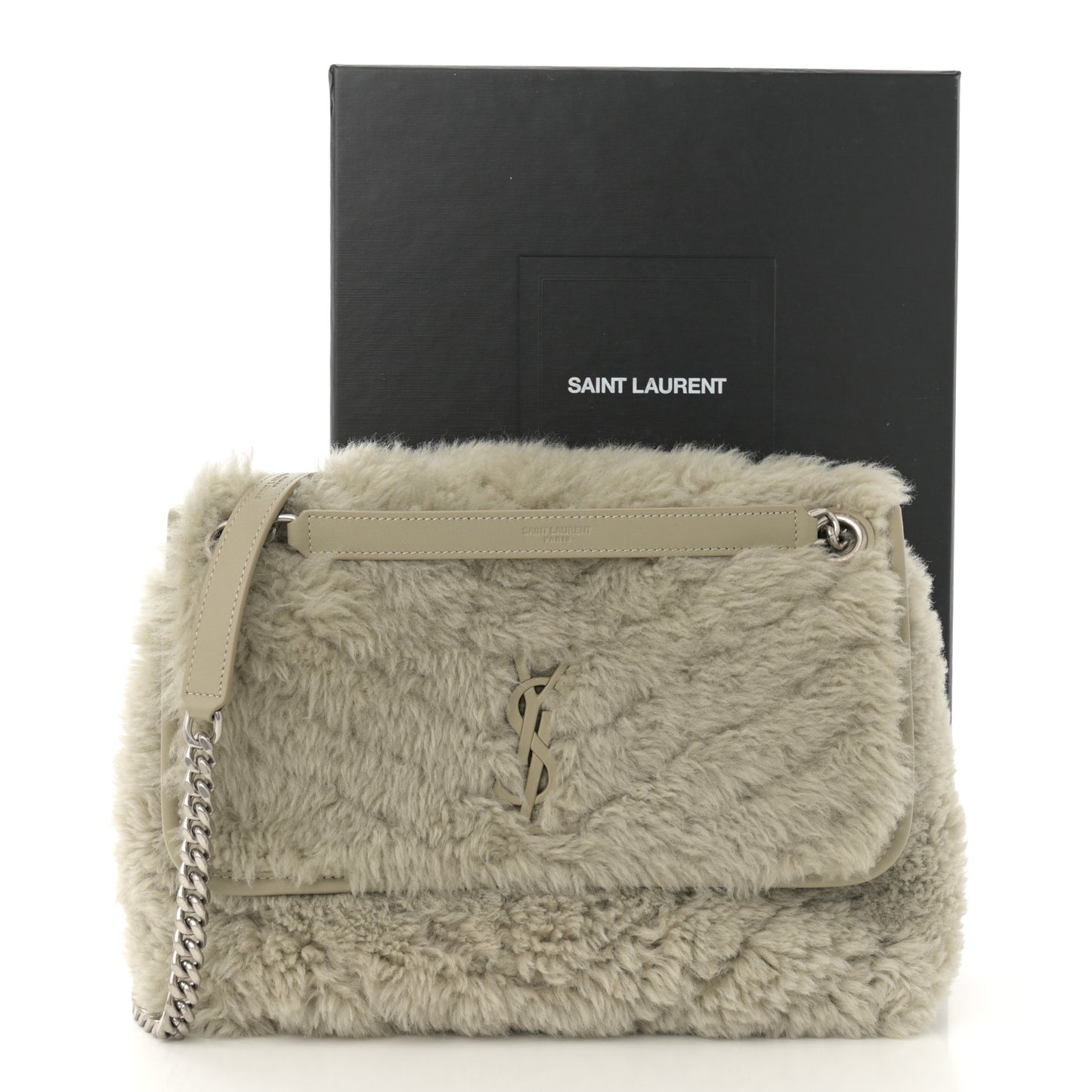 Calfskin Shearling Monogram Medium Niki Chain Satchel Grey