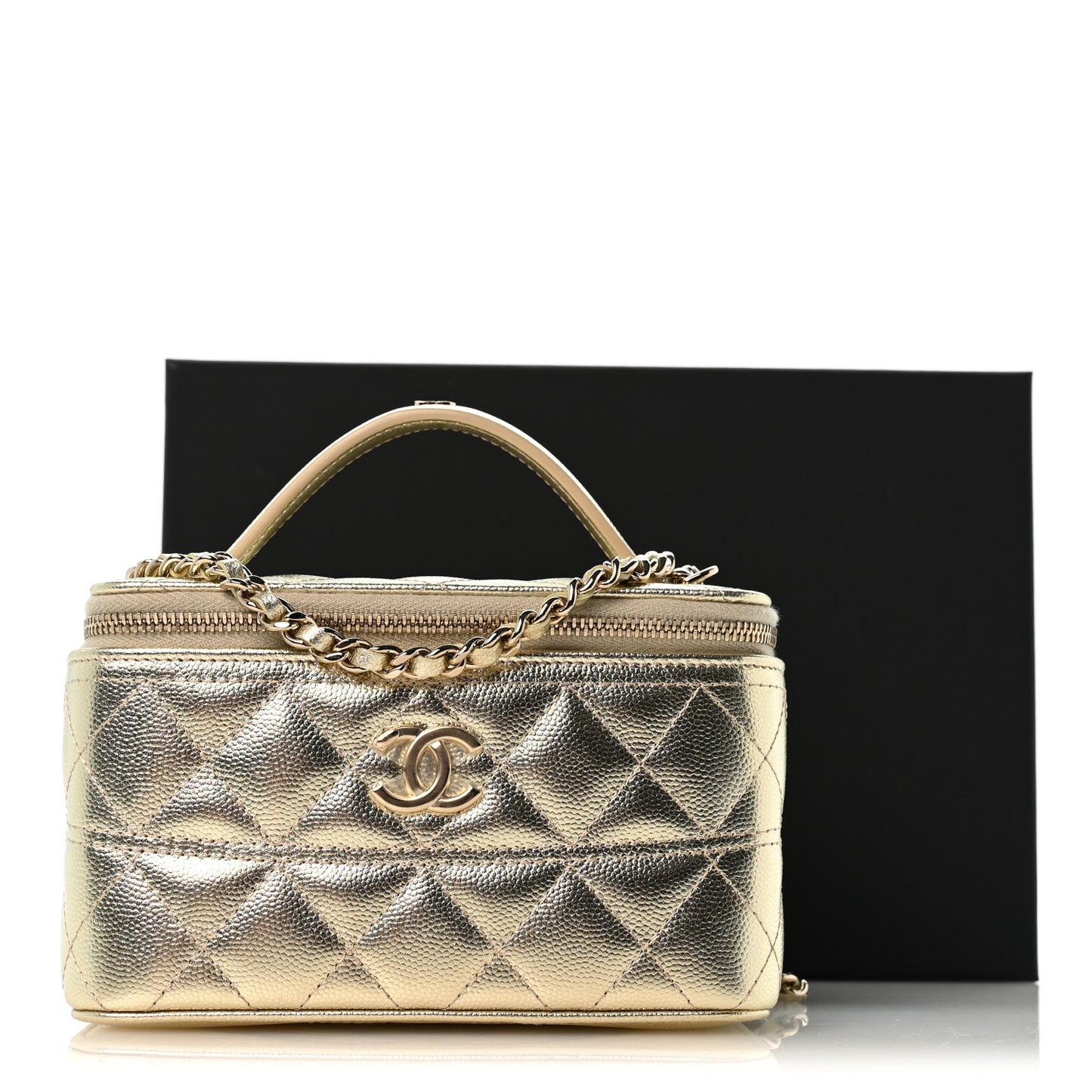 Metallic Caviar Quilted Trendy Handle Vanity Gold