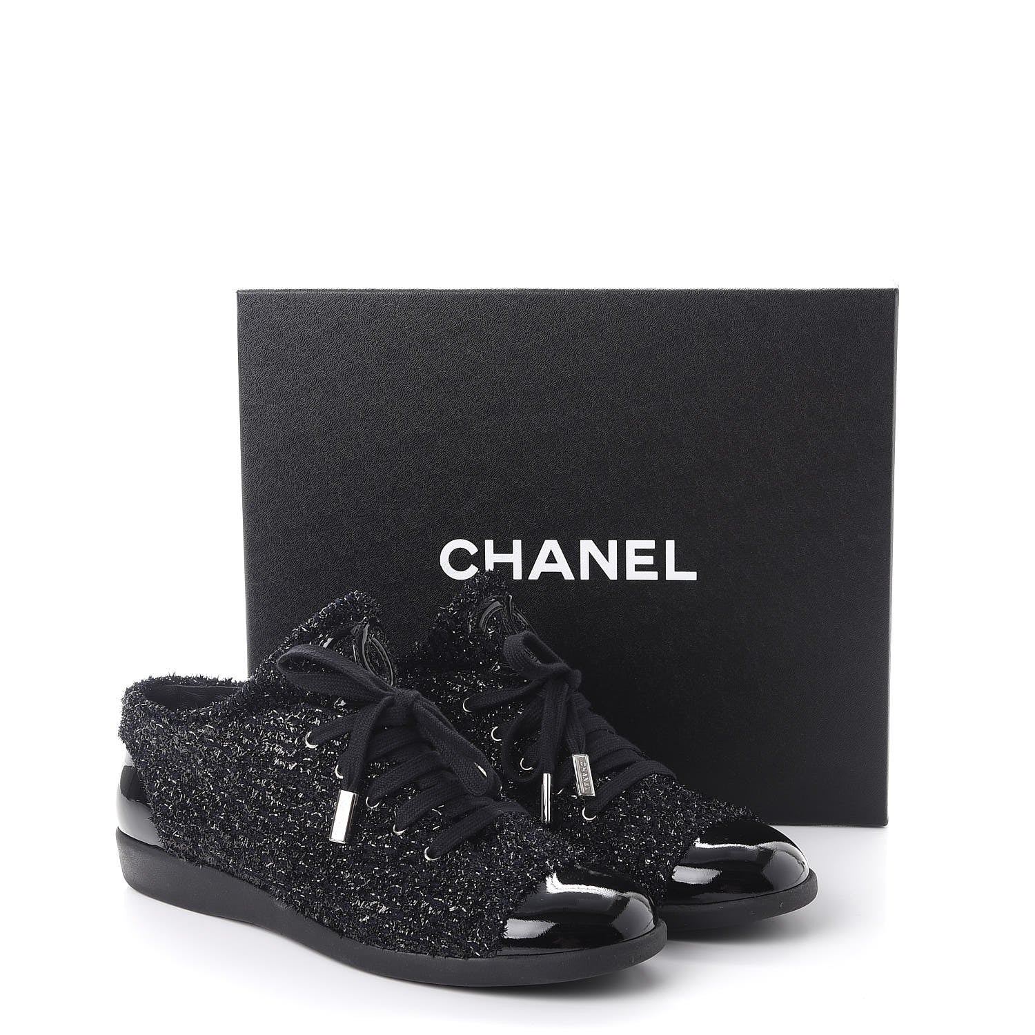 Chanel Lurex Tweed Patent Lace Up Sneakers 41 Dark Navy Blue 9 of 9