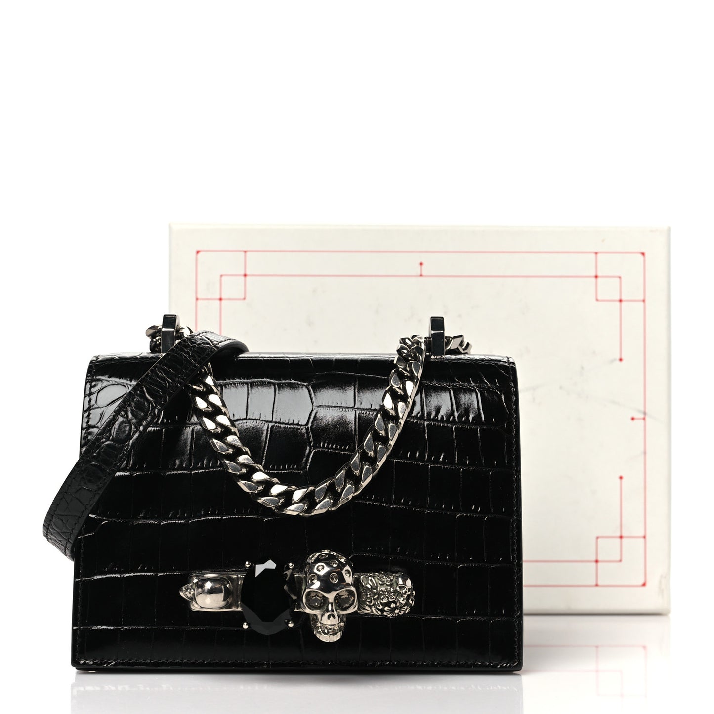 Crocodile Embossed Calfskin Knuckle Crossbody Black