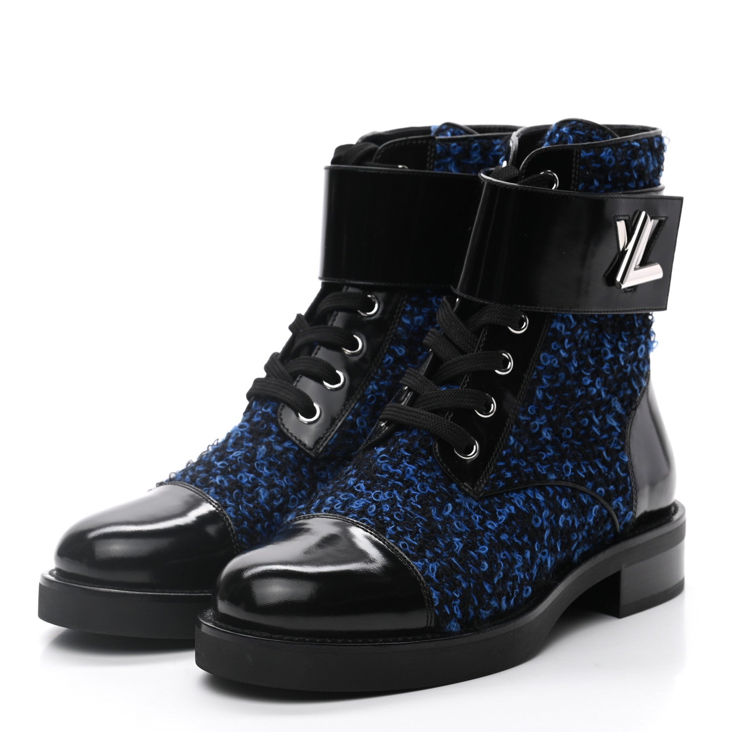 Louis Vuitton Tweed Calfskin Wonderland Ranger Boots 36 Blue Black 4 of 8