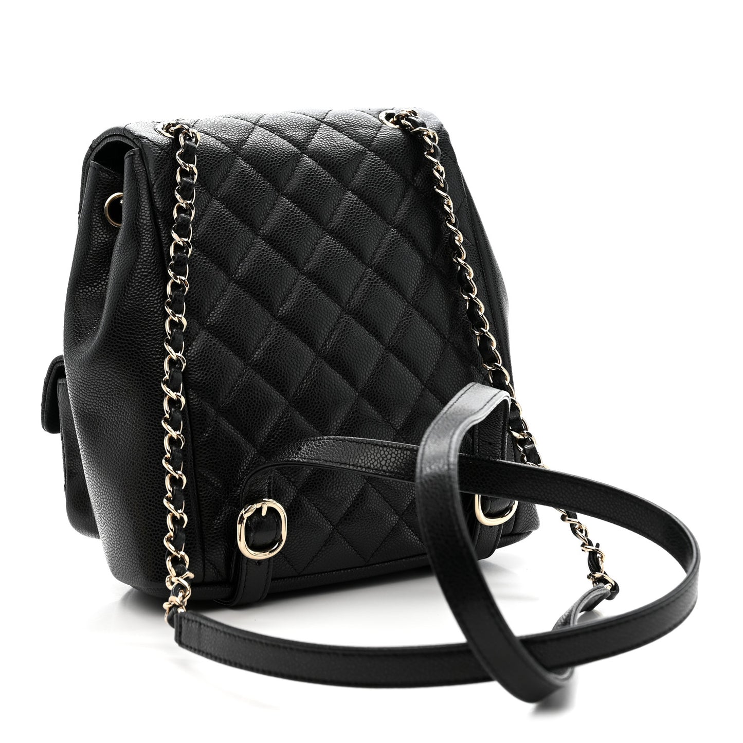 Shiny Caviar Quilted Medium Duma Pockets Drawstring Backpack Black