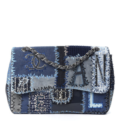 Chanel Denim Tweed Patchwork Jumbo Single Flap Blue 1 of 9