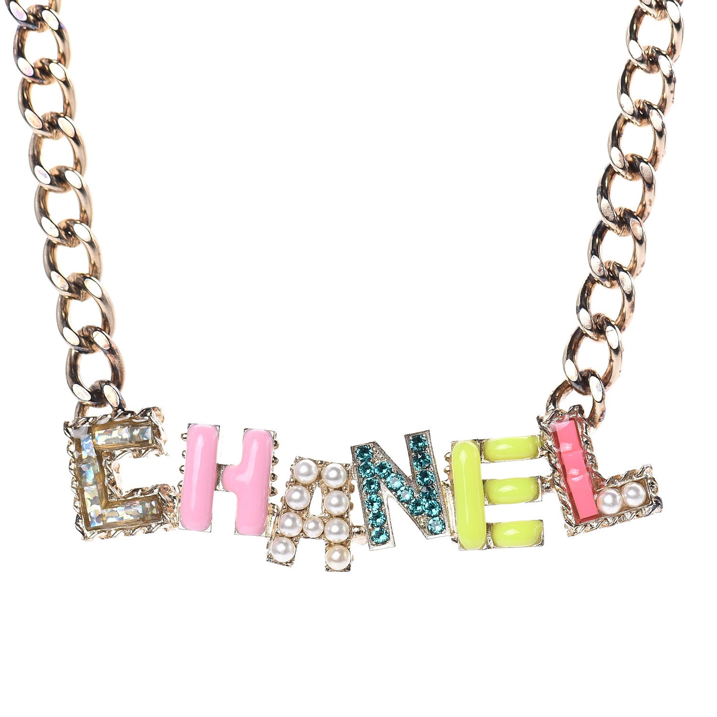 Crystal Enamel Pearl CC Logo Chain Choker Gold Multicolor