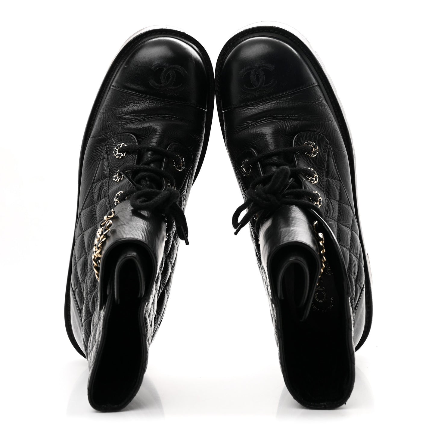 Shiny Lambskin Quilted Lace Up Combat Boots 41 Black