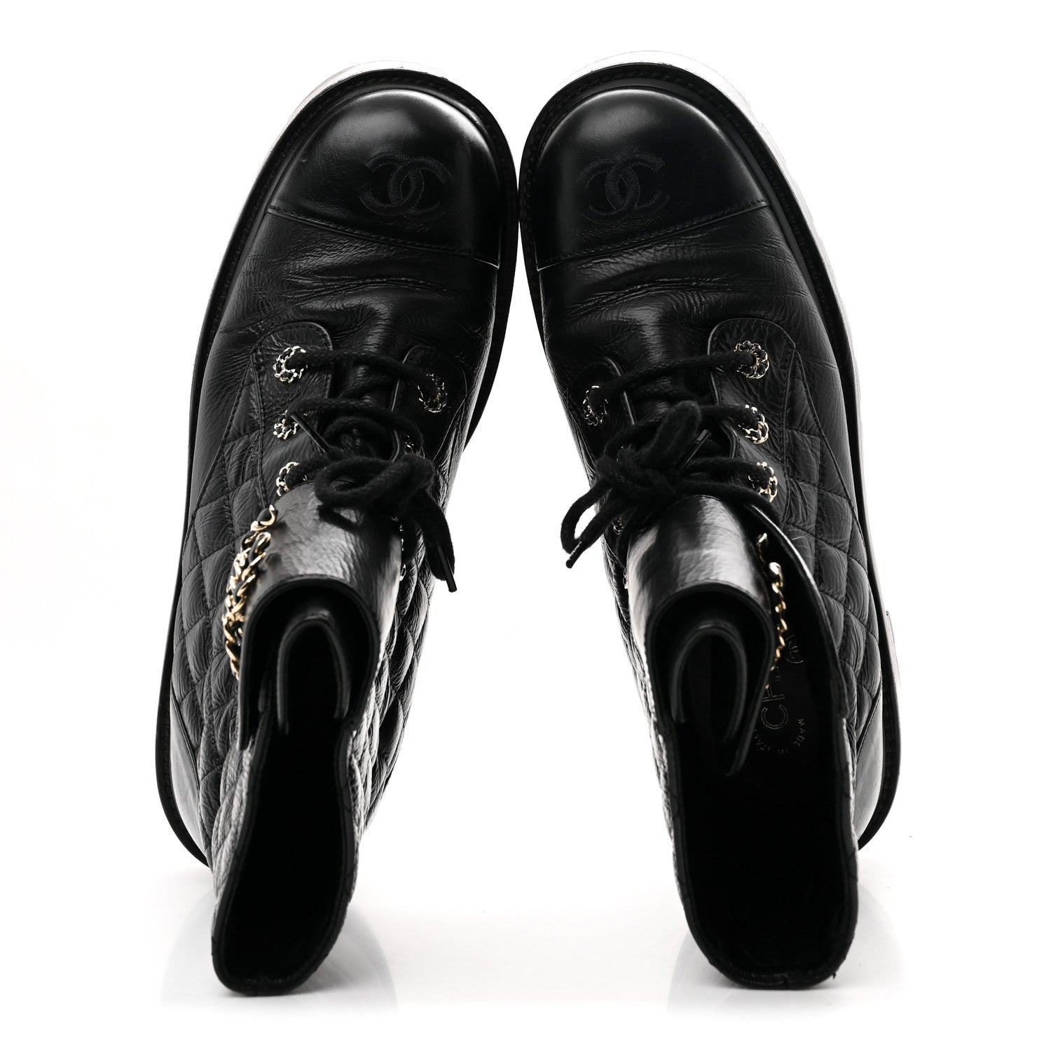 Chanel Shiny Lambskin Quilted Lace Up Combat Boots 41 Black 2 of 9