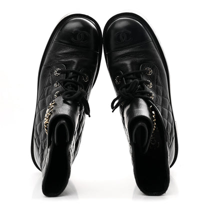 Chanel Shiny Lambskin Quilted Lace Up Combat Boots 41 Black 2 of 9