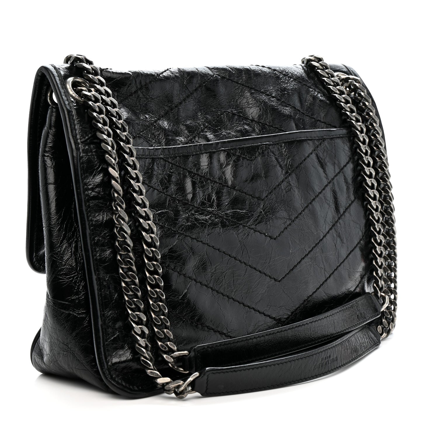 Crinkled Calfskin Matelasse Monogram Medium Niki Chain Satchel Black