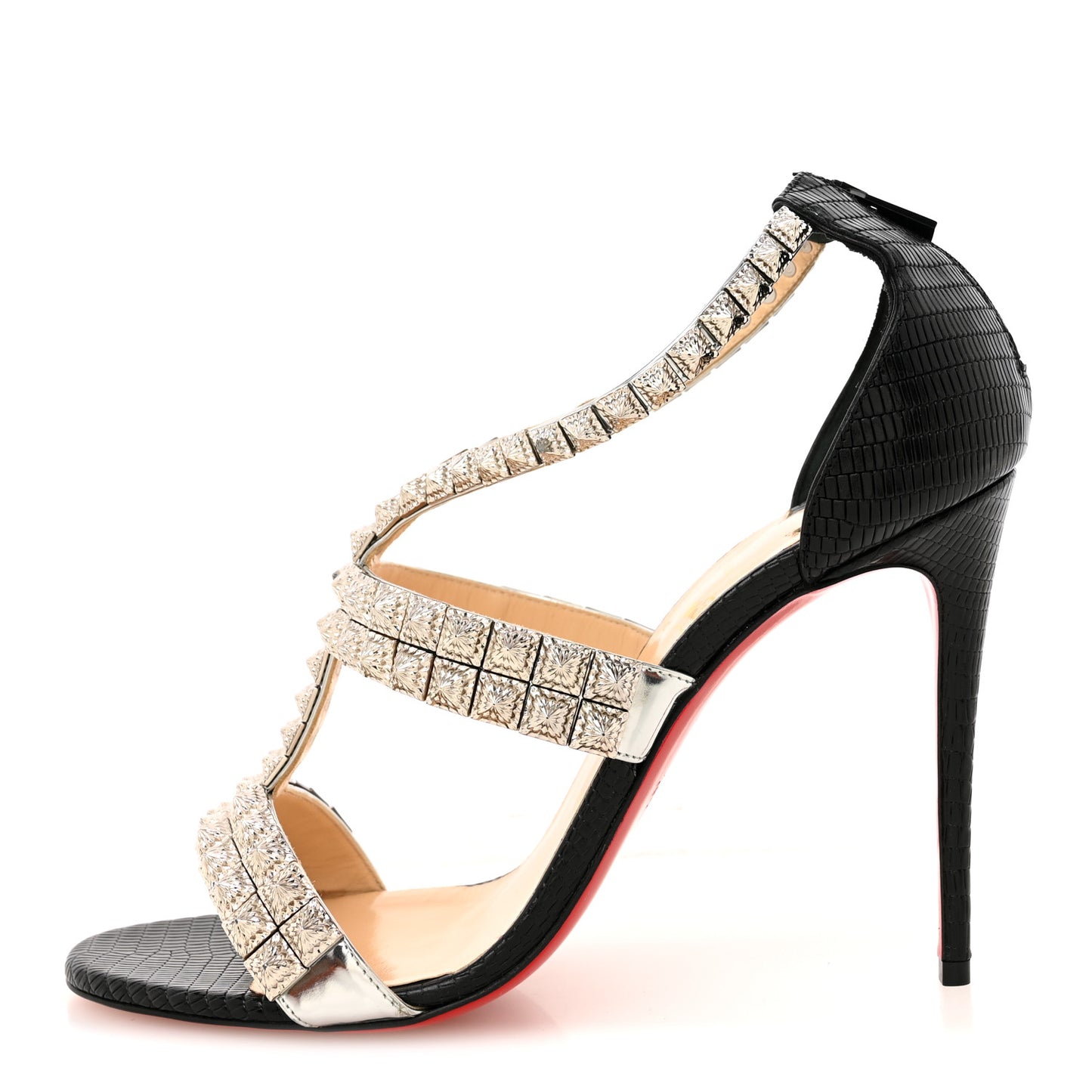 Calfskin Lizard Embossed Diwali 100 Studded Sandals 39 Black Silver