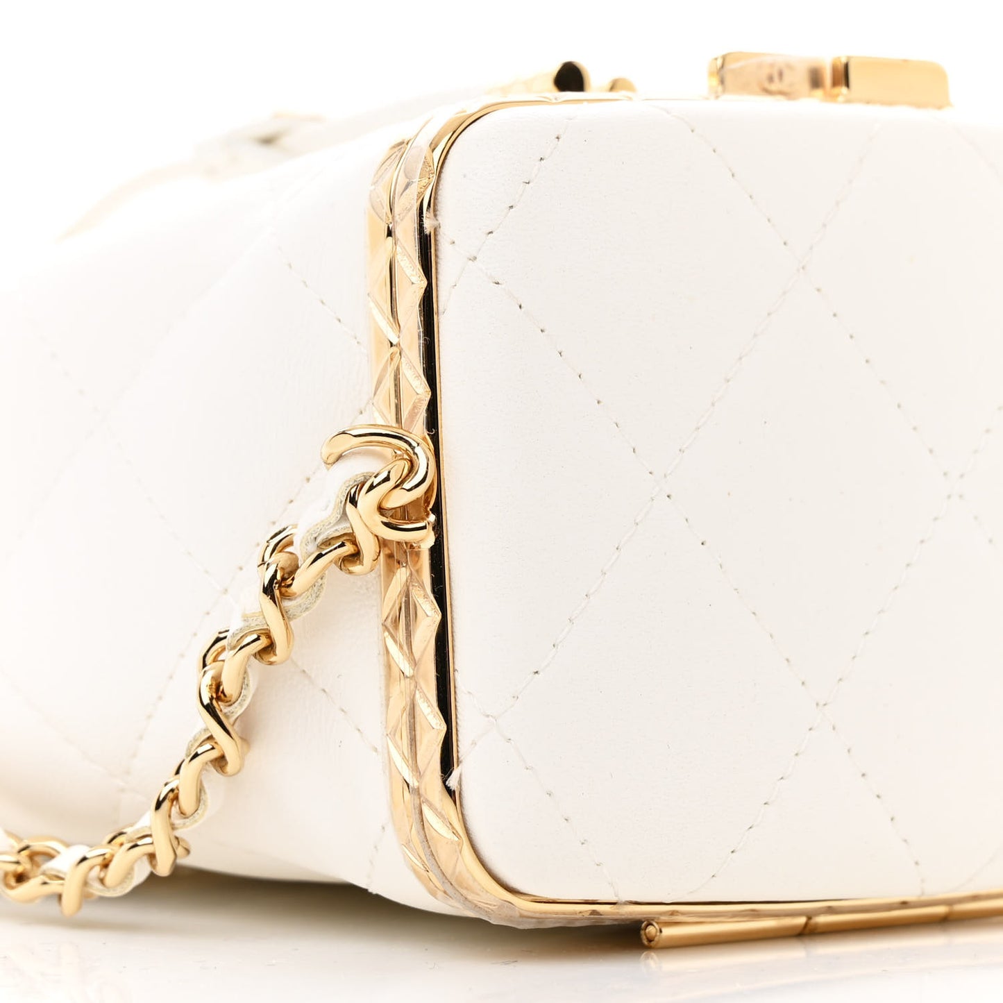 Metal Lambskin Quilted Small Chain Bucket Bag White
